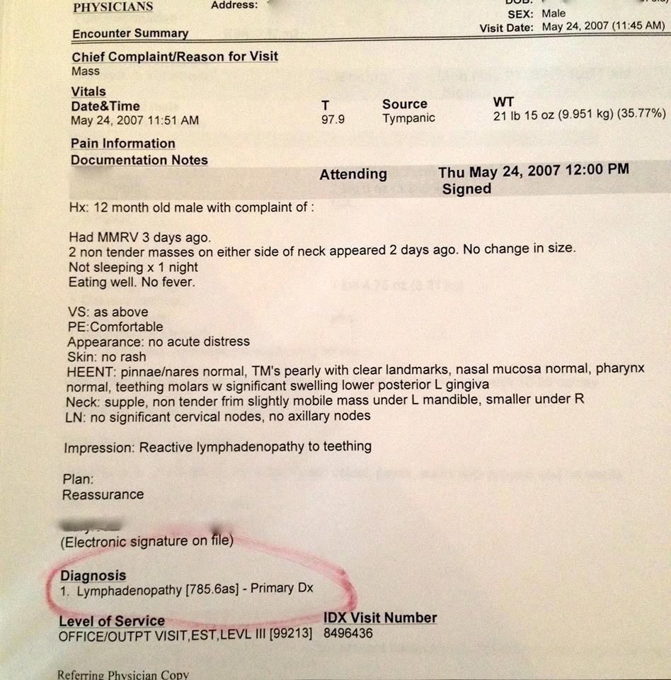 This is the medical record of my son's reaction documented as "reactive lymphadenopathy to teething". "He presented with no fever because I was told to give him Tylenol when I called to report his 103 fever that morning. A few days after this both lymph nodes became infected and my son was hospitalized for 6 days ending in the surgical removal of both nodes. Interestingly, lymphadenopathy is a known reported reaction to the MMRV and is noted on page 11 of the package insert here.